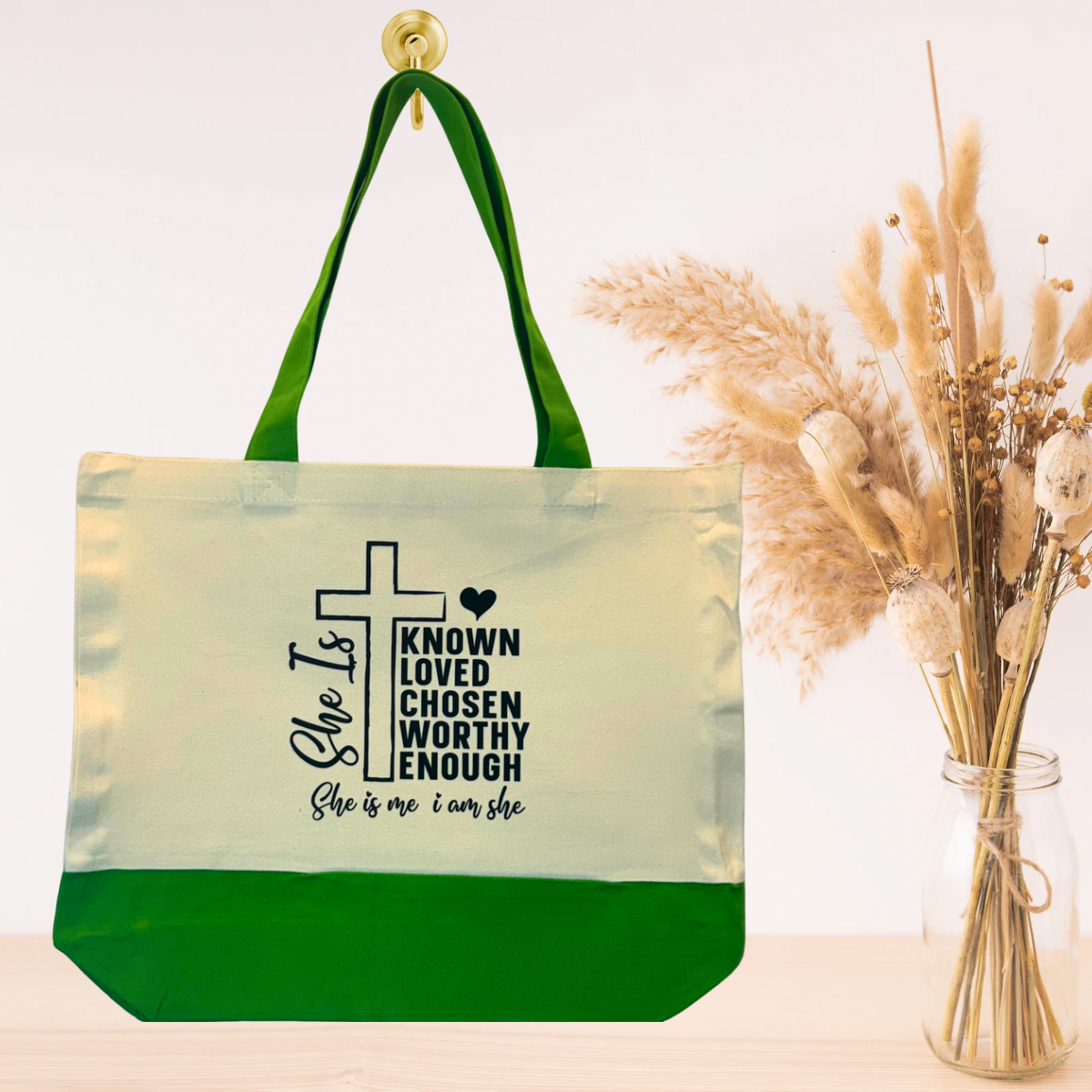 Green reusable canvas tote bag with motivational message print