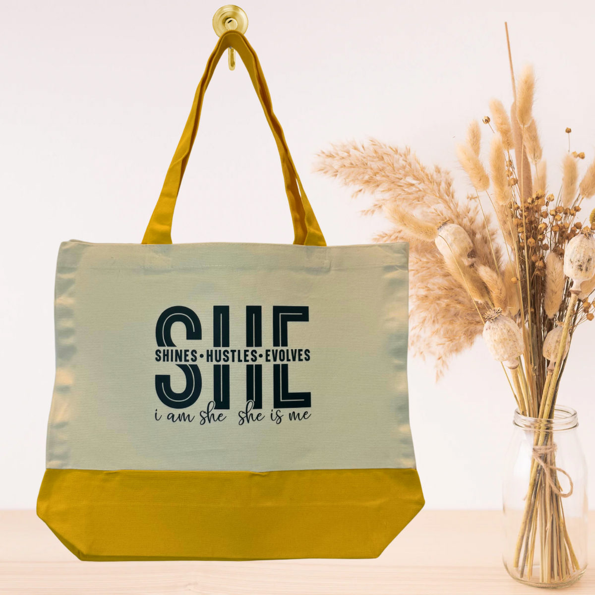 Yellow inspirational tote bag with empowering motivational message