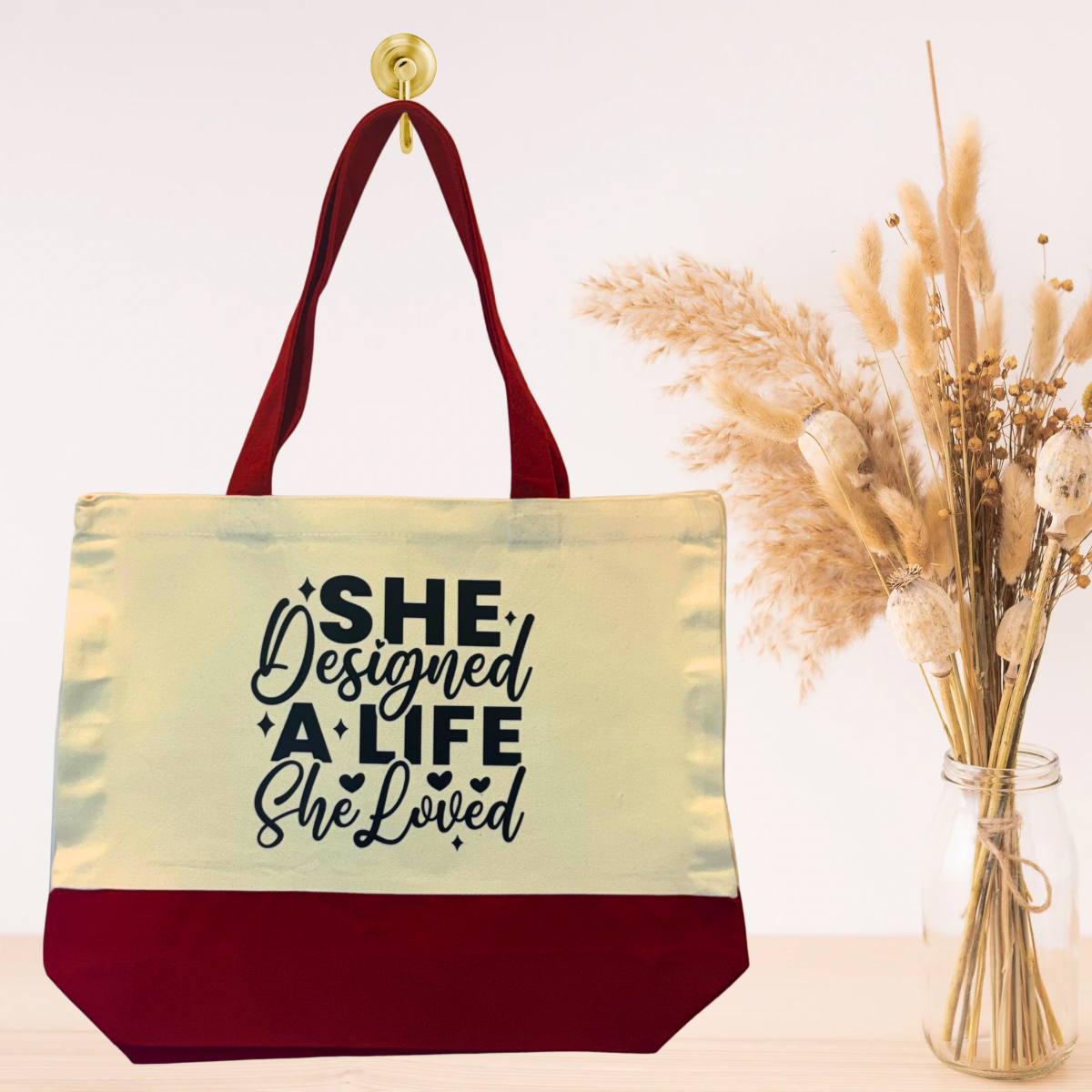 Red inspirational canvas tote bag with motivational quote for women