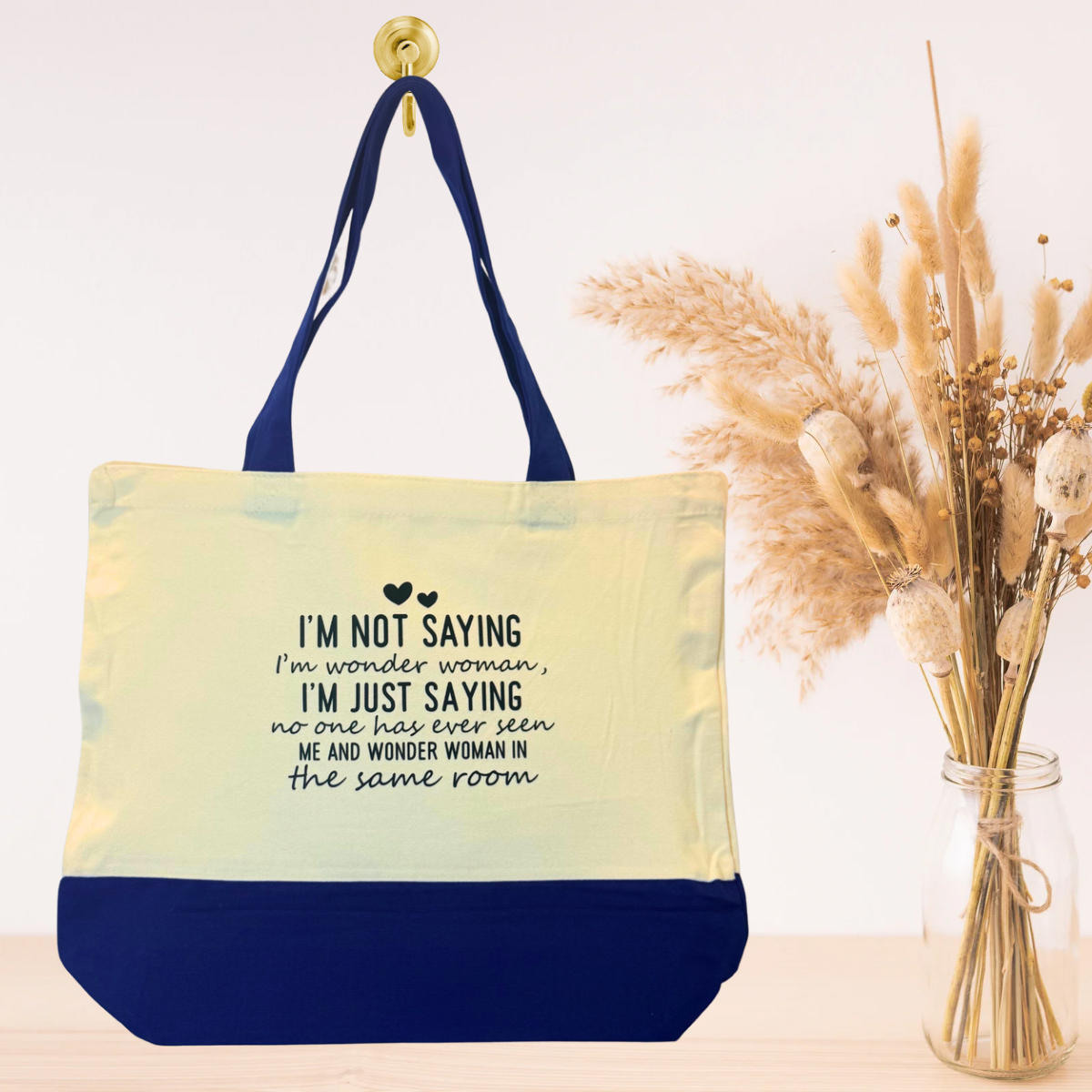 Royal blue durable canvas tote bag with motivational saying