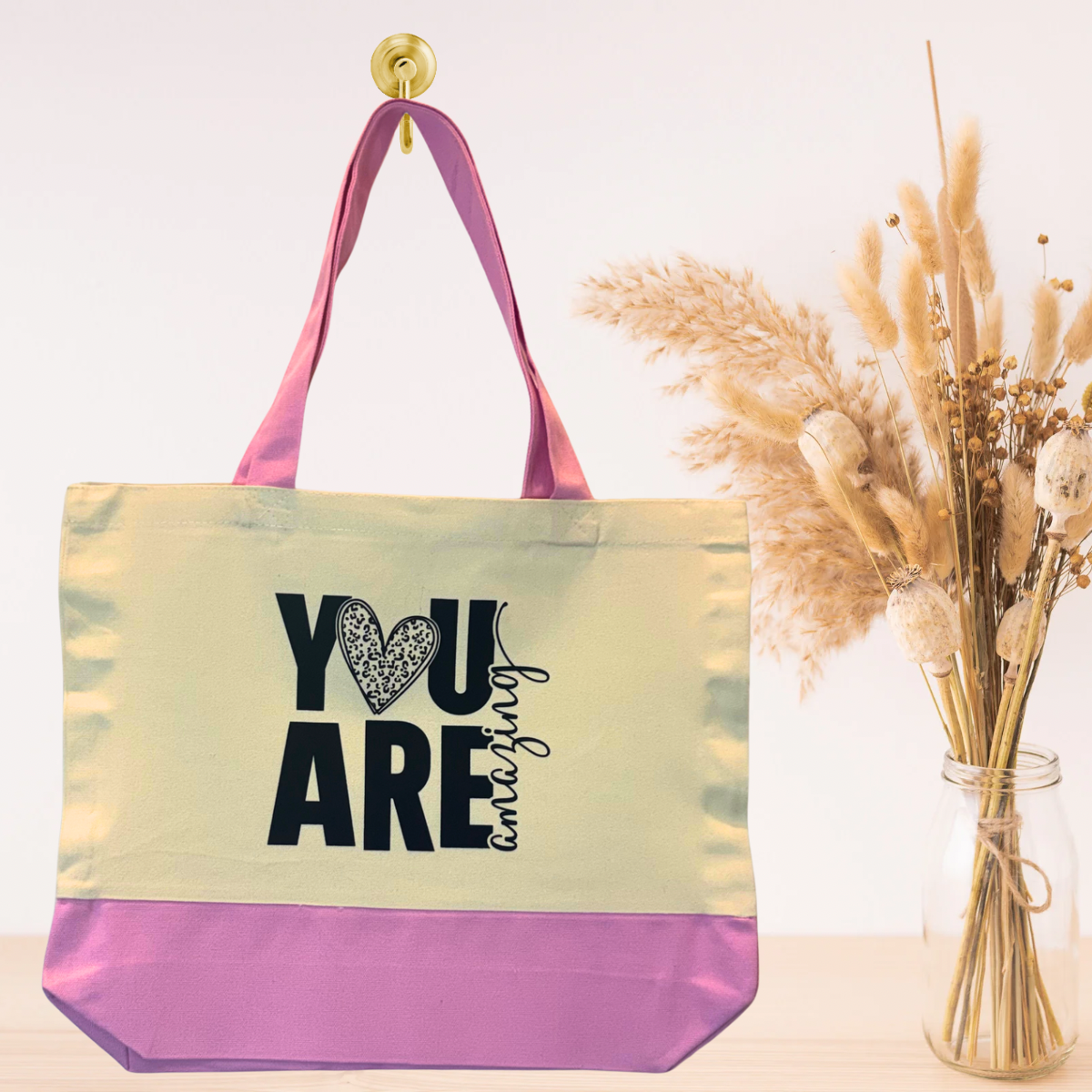 Pink canvas tote bag with motivational quote for women and teens