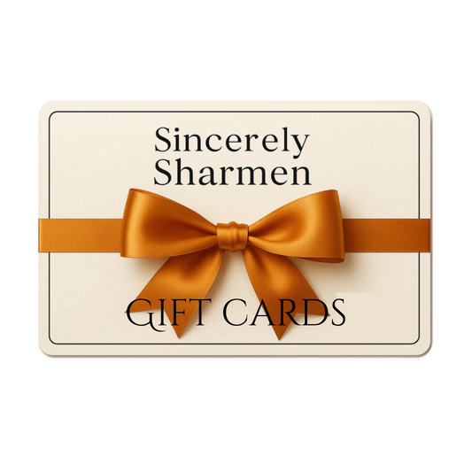 Gift card with a brown bow on a white background, featuring the text 'Sincerely Sharmen Gift Cards'.